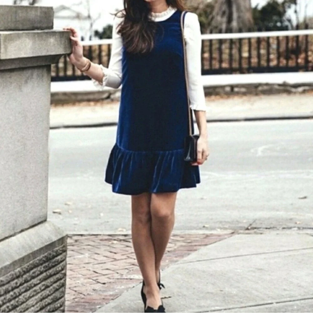 J. Crew NEW Navy Blue Velvet Sleeveless Ruffle Hem Party Shift Dress SZ 12 Retro
